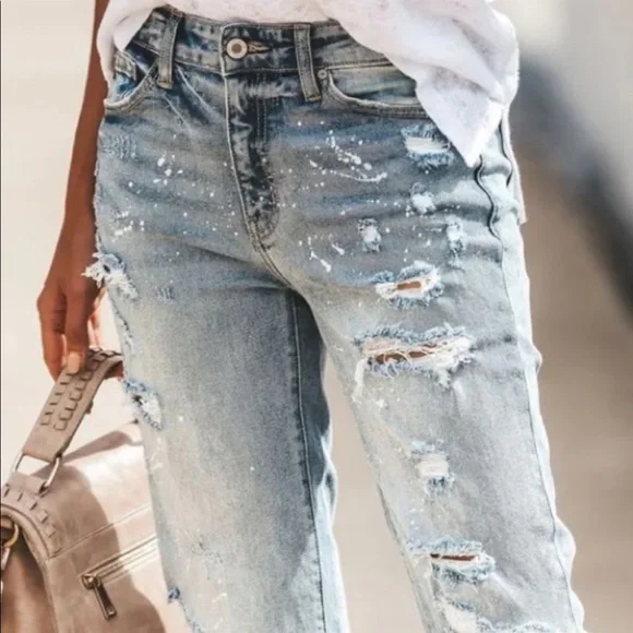Brand New Distressed Denim Jeans Paint Splatter Relaxed Fit Boyfriend - Picture 3 of 10